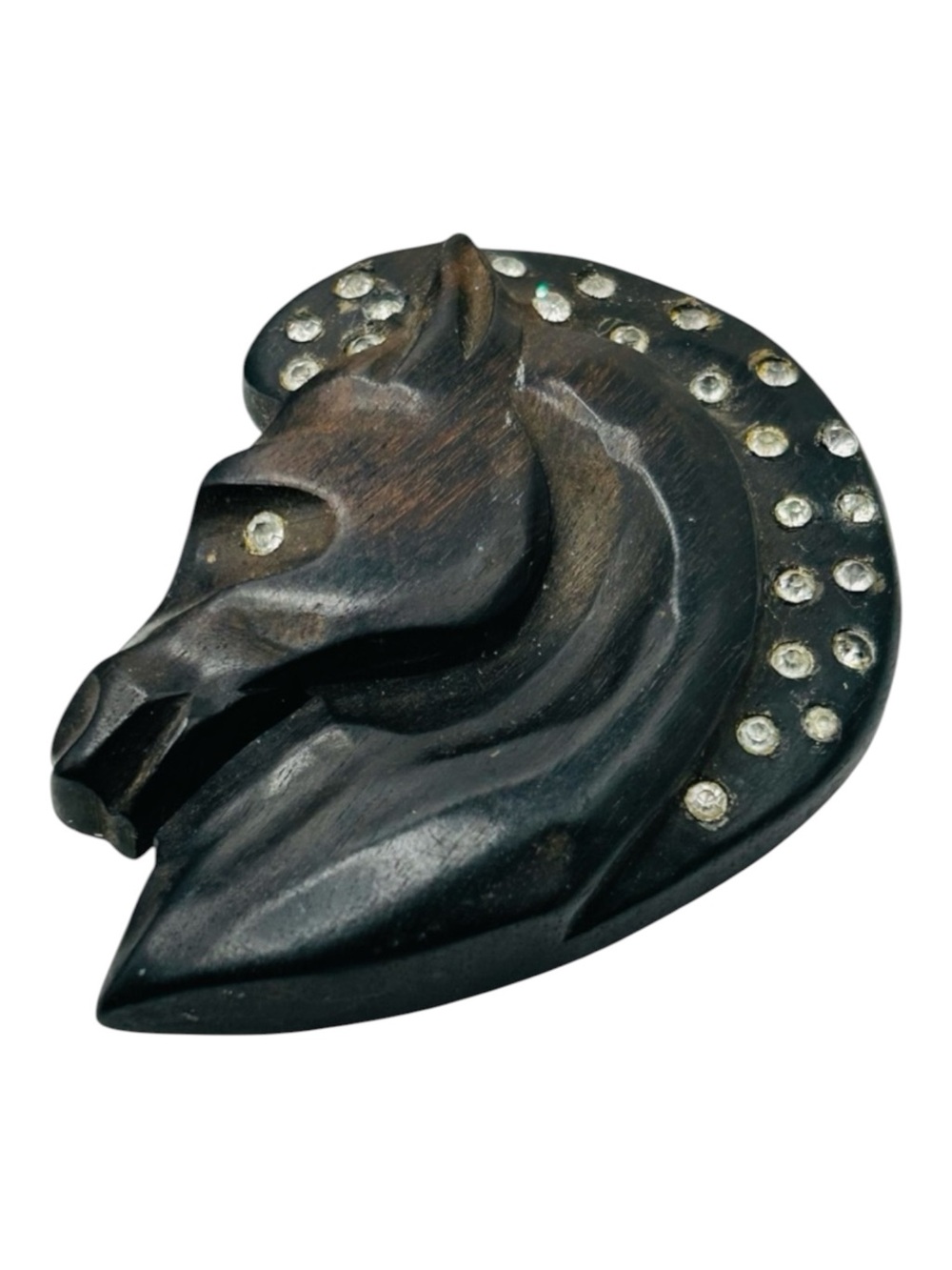 Vintage 1940’s Carved Ebony Rhinestone Horse Head Brooch